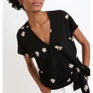 Madewell Daisy Tie-Front Wrap Top Black Floral V-Neck Cropped Blouse MC817 XS